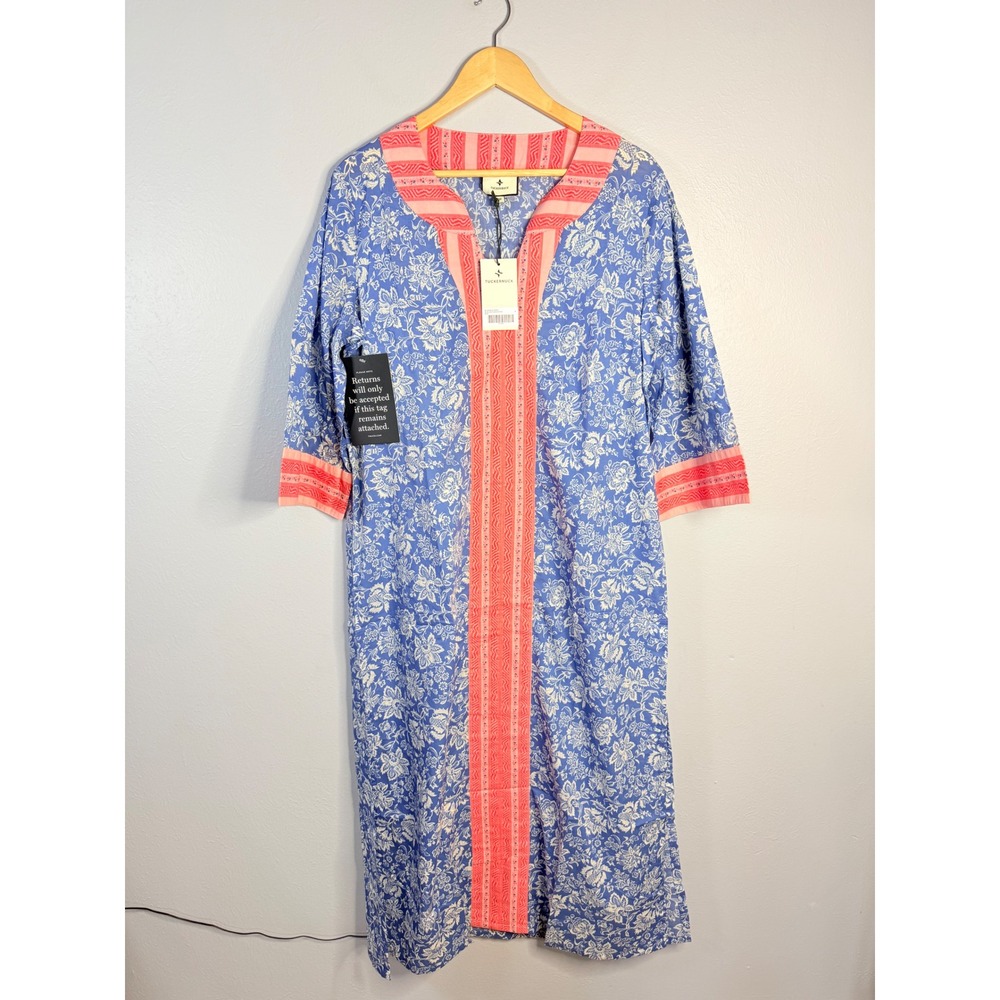Tuckernuck Blue Chintz Maxi Caftan Cotton Floral Print Dress Medium NWT